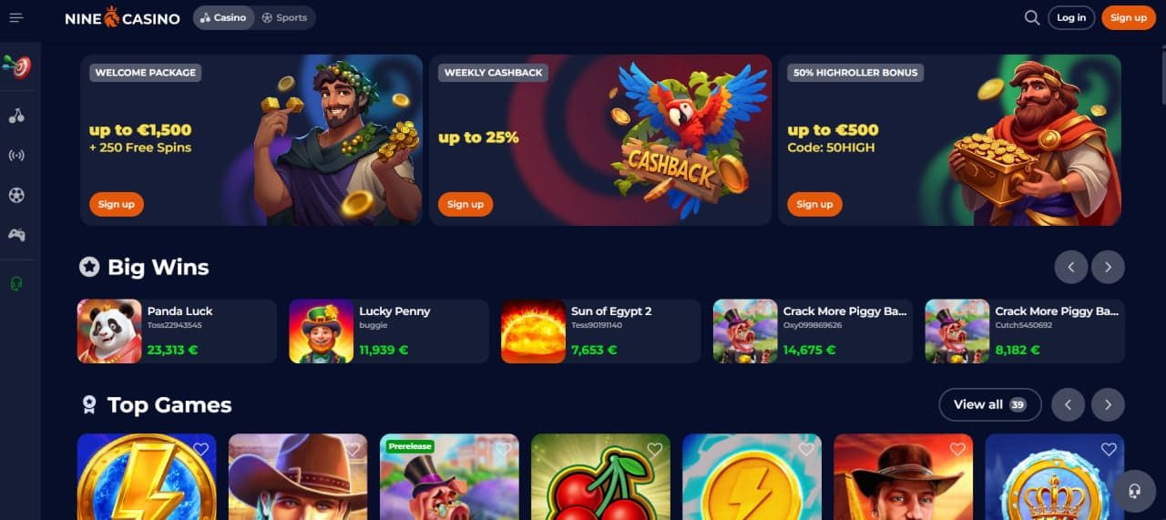 Nine Casino lobby — game selection overview